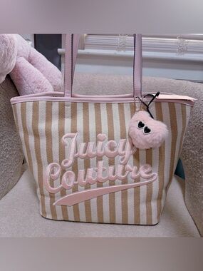New Juicy Couture Beige & Light Pink Striped Tote with Heart Charm